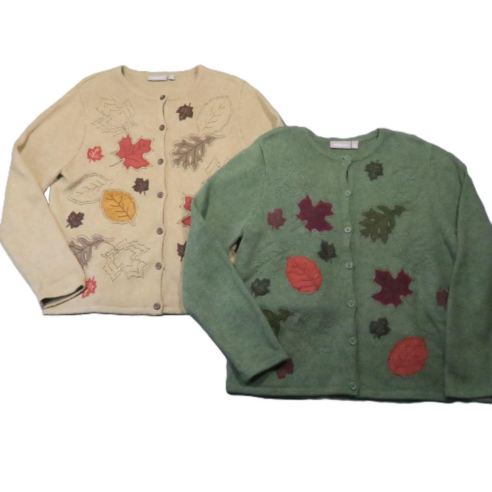 Croft & Barrow Fall Leaves Cardigan M Silk Applique Teacher Autumn Fall Lot of 2
